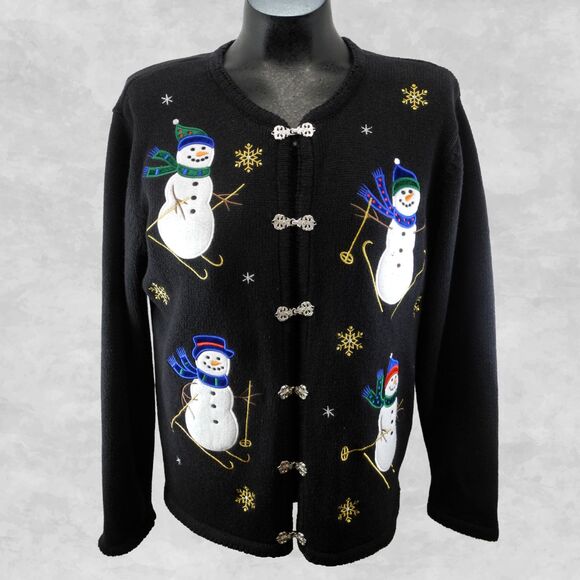 Vintage Christmas Cardigan Sweater Womens Small Crystal Kobe Snowman Metal Clasp - Picture 2 of 6